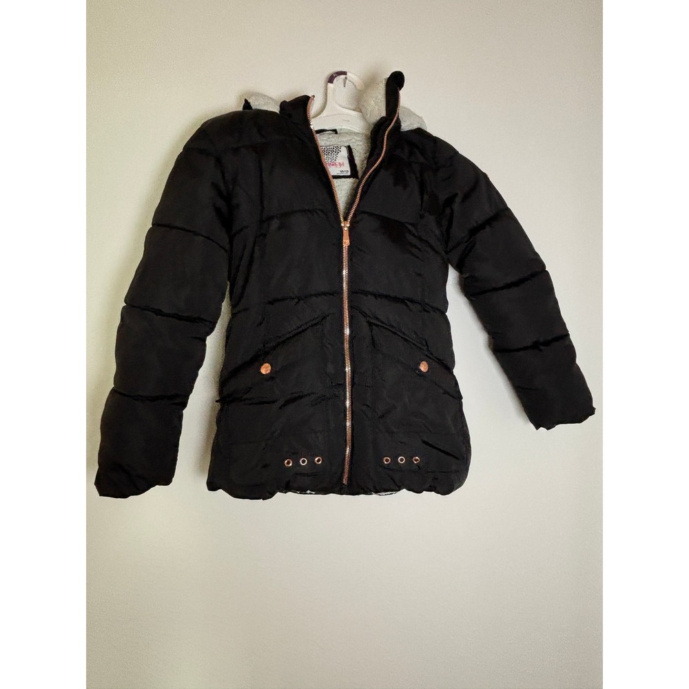 Kensie Girl Black Puffer Jacket Sherpa Lined Rose Gold Zip Hooded Girls 10/12